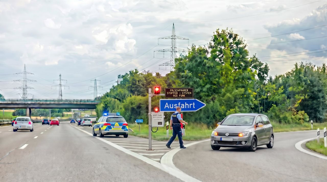 Foto-Visualisierung: Ein Falschfahrer wird an der Autobahnausfahrt angehalten, ein Warnschild zeigt „Falschfahrer-Stoppsystem“