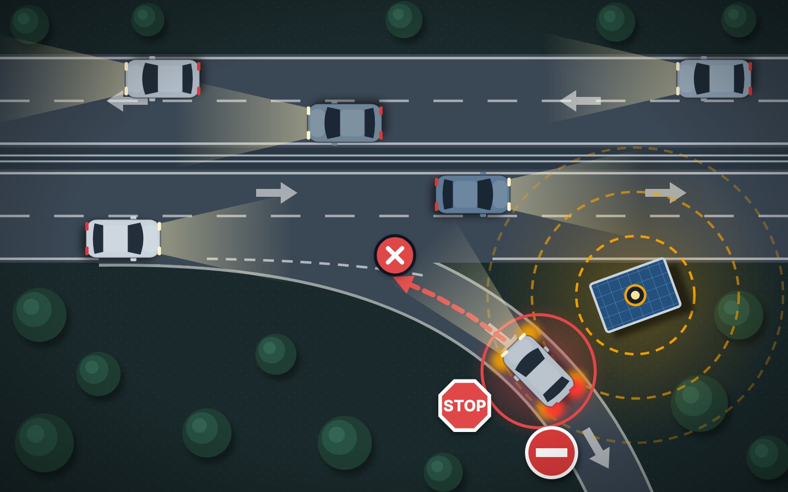 Illustration: Ein Sende-Mast an der Autobahnauffahrt stoppt ein Fahrzeug, das in falscher Richtung auffährt