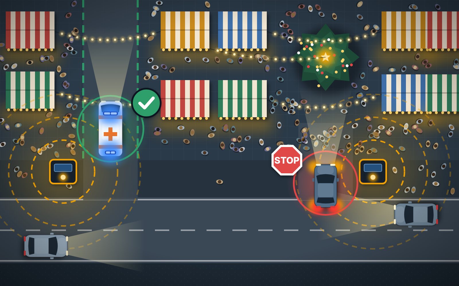 Illustration: Standgeräte an der Zufahrt eines Weihnachtsmarkts stoppen ein Fahrzeug, ein Rettungswagen fährt durch